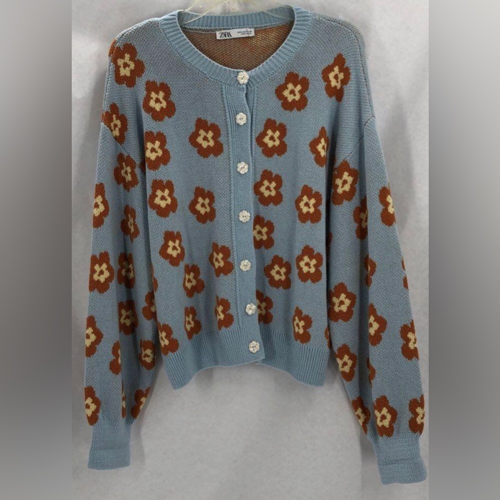 Zara Retro Cardigan Sweater Blue with Orange Flowers